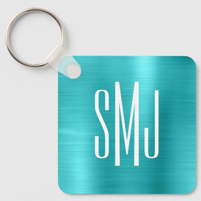 Turquoise Blue Foil Three Letter Monogram Key Ring (Front)