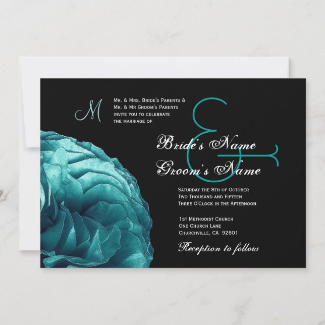 Turquoise Blue Frilly Rose Wedding Invitation (Front)