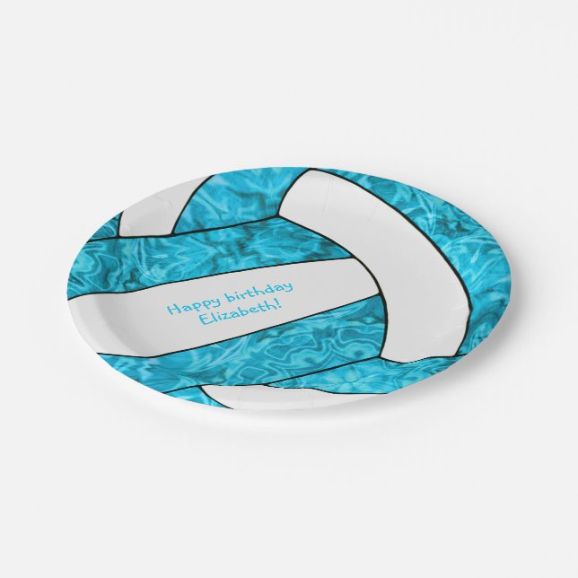 turquoise blue girl's volleyball birthday party paper plate (Angled)