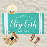 Turquoise Blue Girls Weekend Personalised Name Beach Towel<br><div class="desc">Personalised beach towel design for a girls' weekend vacation getaway features a custom first name in modern script writing framed by coastal stripes,  with custom text for the occasion. The teal / turquoise blue background colour can be modified. Please visit our shop for other colour options.</div>