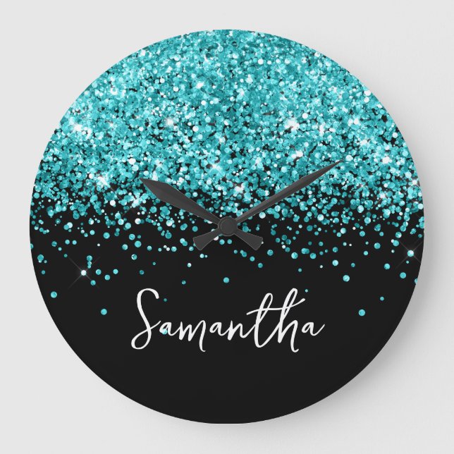 Turquoise Blue Glitter Black Script Name Large Clock (Front)