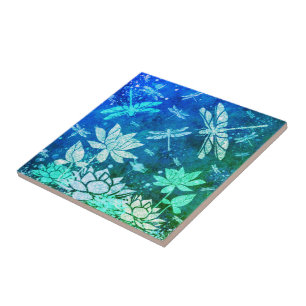 Turquoise Blue Glitter Dragonflies and Flowers Ceramic Tile