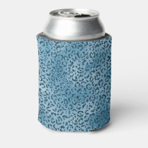 Turquoise Blue Glitter Leopard Print Can Cooler