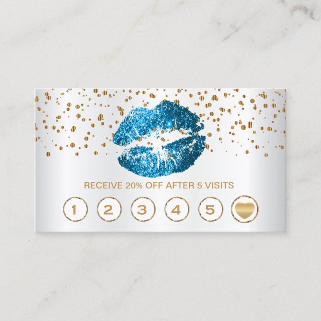 Turquoise Blue Glitter Lips Loyalty Cards - Satin (Front)