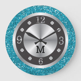 Turquoise Blue Glitter Silver And Black Monogram  Large Clock
