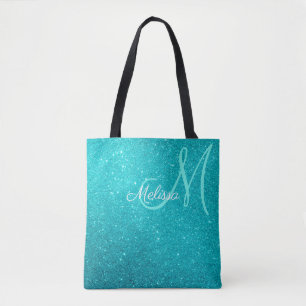 Turquoise Blue Glitter & Sparkles Monogrammed Tote Bag