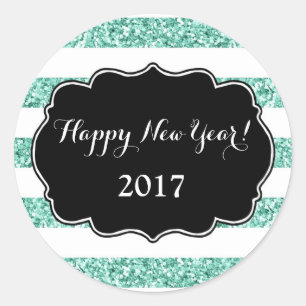 Turquoise Blue Glitter Stripes Happy New Year 2017 Classic Round Sticker