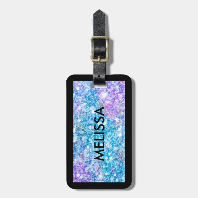 Turquoise-Blue Glitter Texture Print Luggage Tag (Front Vertical)