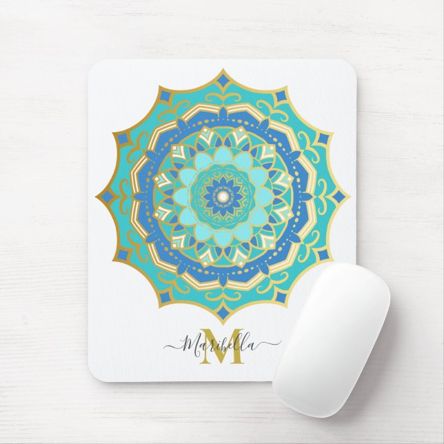 Turquoise Blue Gold Boho Mandala Mouse Pad (With Mouse)