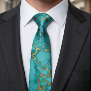 Turquoise blue Gold Foil Marble Stone Rock Tie
