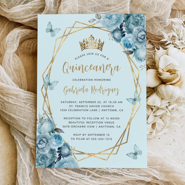 Turquoise Blue Gold Geometric Floral Quinceañera Invitation (Creator Uploaded)