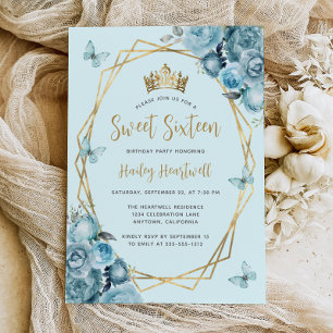 Turquoise Blue Gold Geometric Floral Sweet 16 Invitation