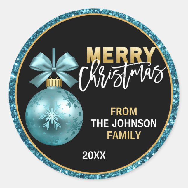 Turquoise Blue Gold Glitter Merry Christmas Classic Round Sticker (Front)