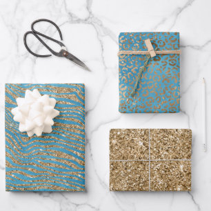 Turquoise Blue Gold Glitter Zebra Print Wrapping Paper Sheet