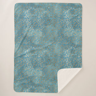 Turquoise Blue Gold Leopard print Sherpa Blanket