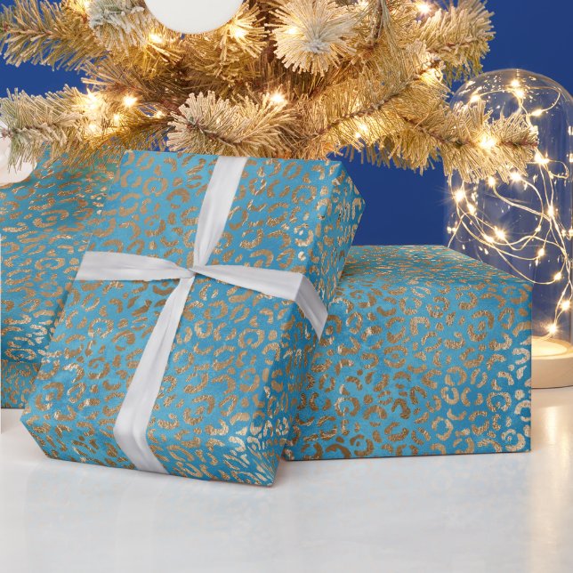 Turquoise Blue Gold Leopard Print Wrapping Paper (Holidays)