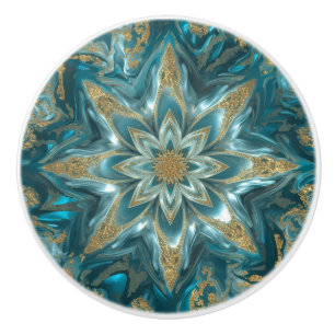 Turquoise Blue Gold Marble flower Dream Abstract Ceramic Knob