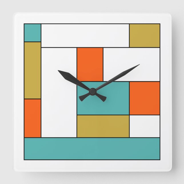 Turquoise Blue Gold Orange Colour Block Mid Mod Square Wall Clock (Front)