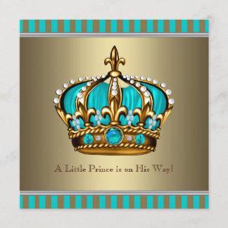 Turquoise Blue Gold Prince Baby Shower Invitation