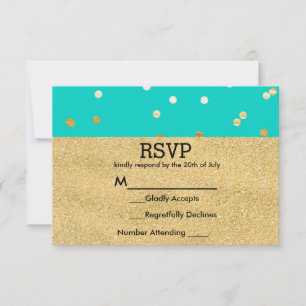 Turquoise Blue & Gold Shiny Confetti Dots RSVP