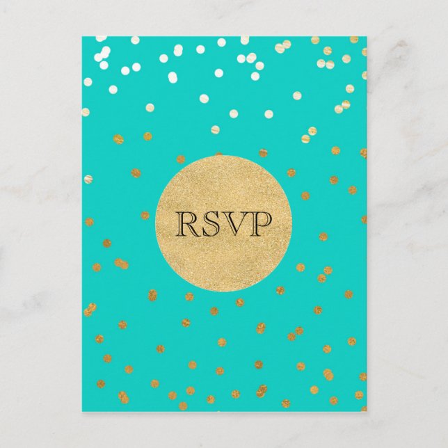 Turquoise Blue & Gold Shiny Confetti Dots RSVP Invitation Postcard (Front)