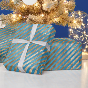 Turquoise Blue Gold Stripes Wrapping Paper