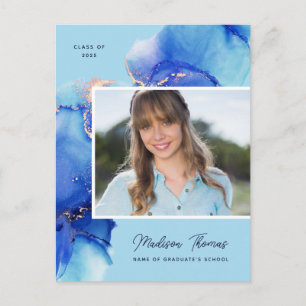 Turquoise Blue Gold Watercolor Photo Graduation Postcard
