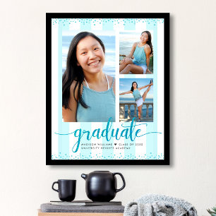 Turquoise Blue Grad 3 Photo Glitter Script Stripes Poster
