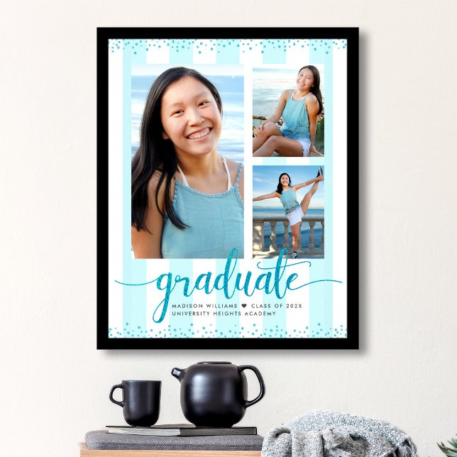 Turquoise Blue Grad 3 Photo Glitter Script Stripes Poster (Creator Uploaded)
