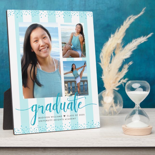 Turquoise Blue Graduation 3 Photo Glitter Script Plaque (Side)