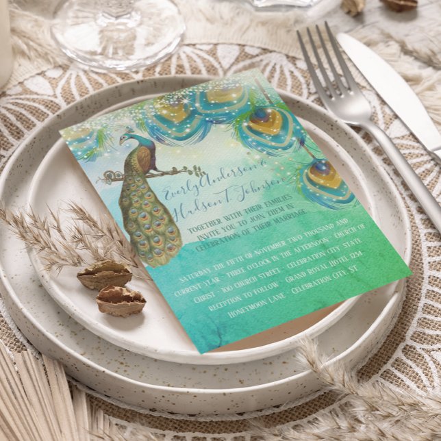 Turquoise Blue Green and Copper Peacock Feather Invitation (Creator Uploaded)
