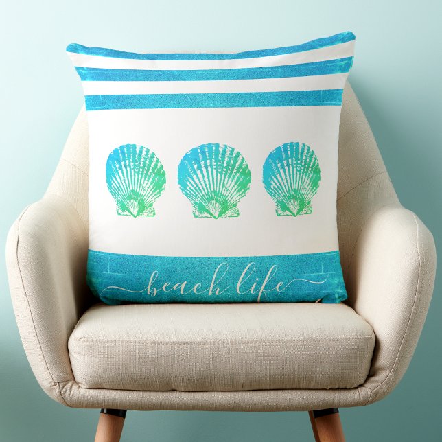 Turquoise blue green beach life script 3 seashells cushion (Creator Uploaded)