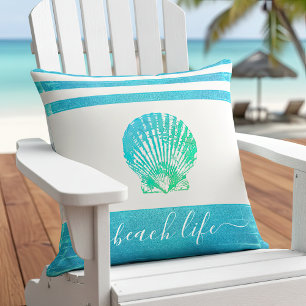 Turquoise blue green beach life script seashell cushion