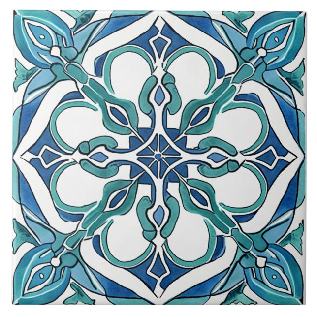 Turquoise Blue Green Mediterranean Azulejo Ceramic Tile (Front)