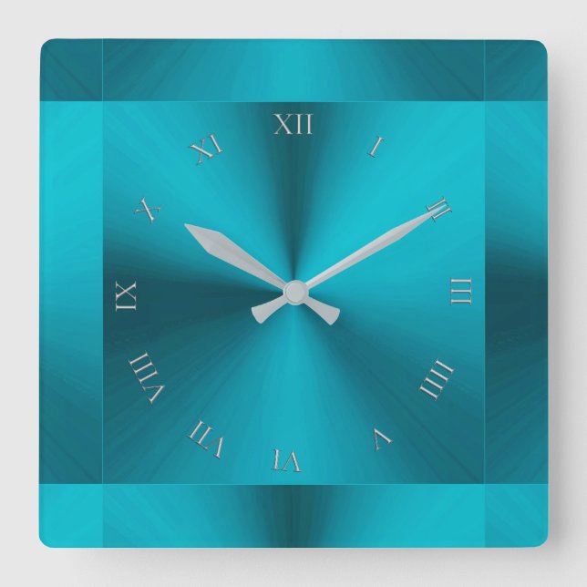 Turquoise Blue Green Metallic Roman Style Square Wall Clock (Front)