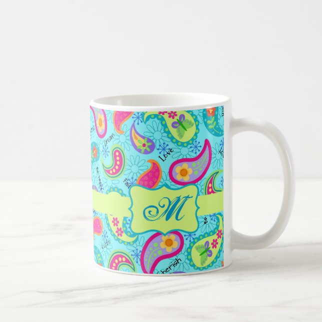 Turquoise Blue Green Modern Paisley Monogram Coffee Mug (Right)