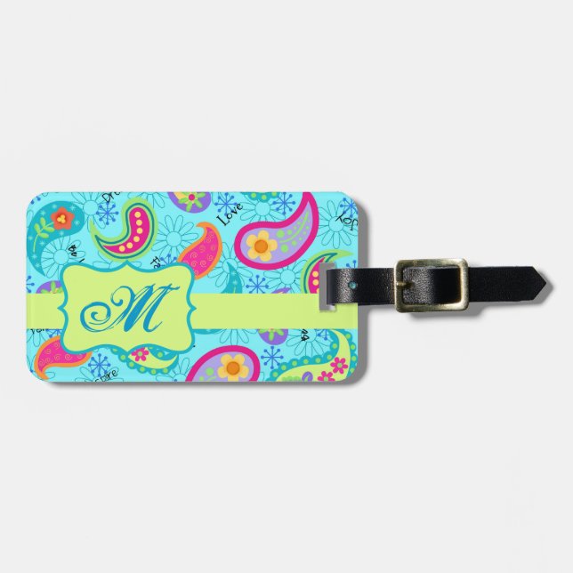 Turquoise Blue Green Modern Paisley Monogram Luggage Tag (Front Horizontal)