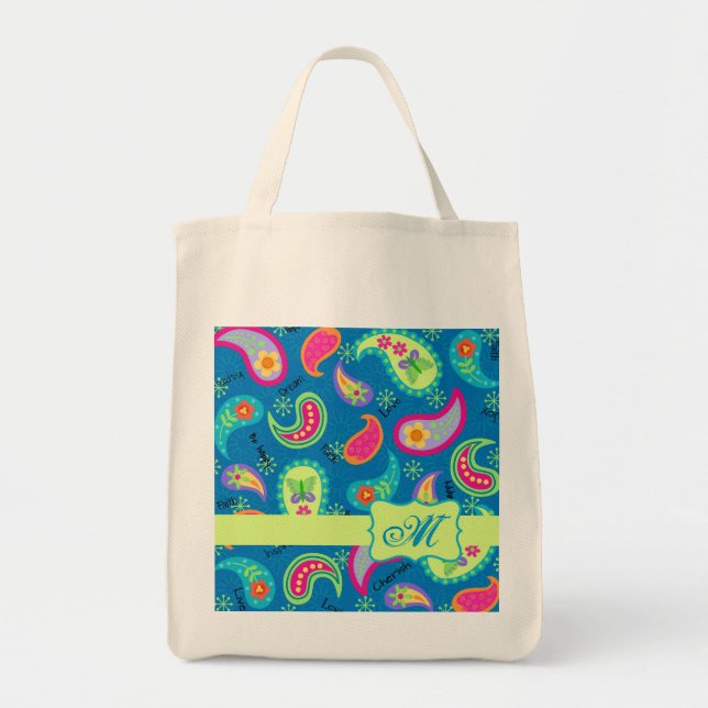 Turquoise Blue Green Modern Paisley Pattern Tote Bag (Front)
