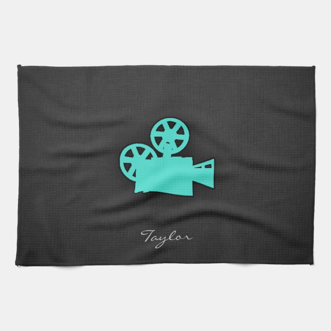 Turquoise; Blue Green Movie Camera Tea Towel (Horizontal)
