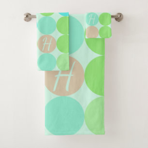 Turquoise Blue Green & Orange Circles Monogram Bath Towel Set