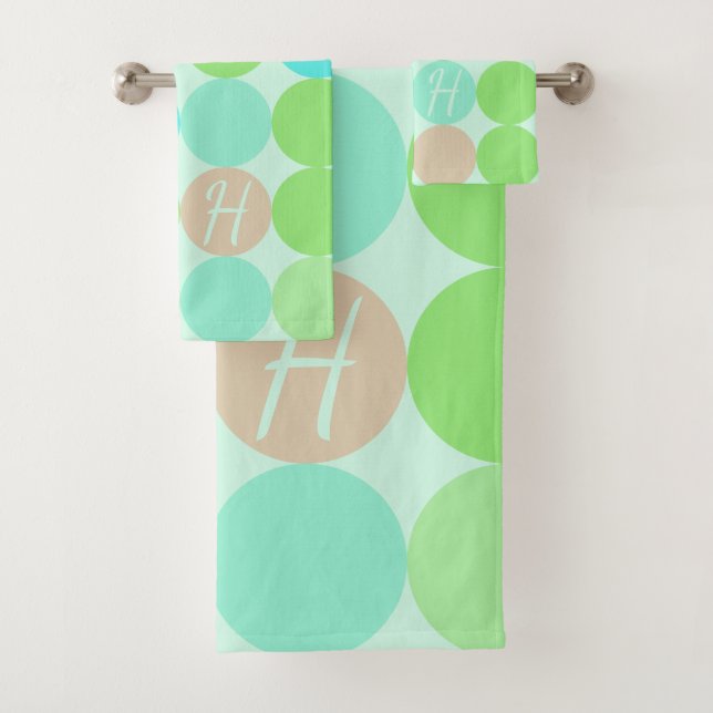 Turquoise Blue Green & Orange Circles Monogram Bath Towel Set (Insitu)