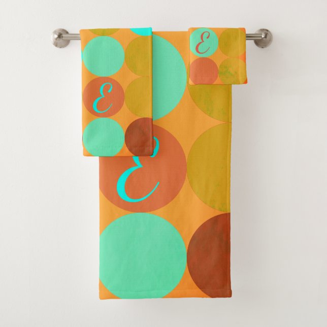 Turquoise Blue Green & Orange Circles Monogram Bath Towel Set (Insitu)