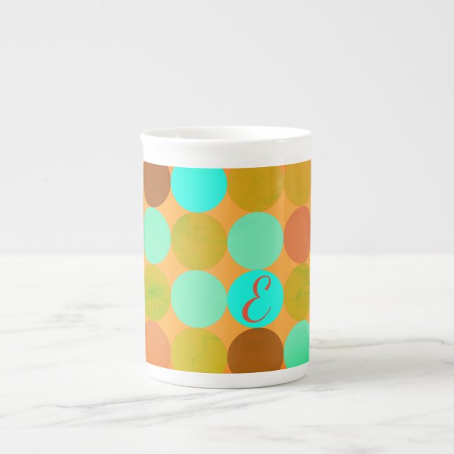 Turquoise Blue Green & Orange Circles Monogram Bone China Mug (Front)