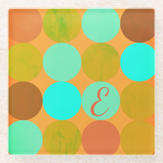 Turquoise Blue Green & Orange Circles Monogram Glass Coaster (Front)