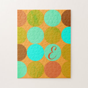 Turquoise Blue Green & Orange Circles Monogram Jigsaw Puzzle