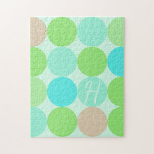 Turquoise Blue Green & Orange Circles Monogram Jigsaw Puzzle