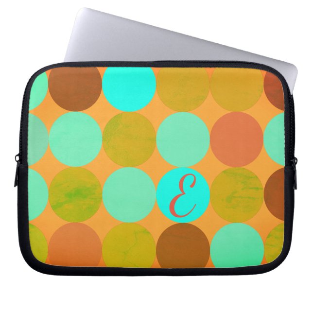 Turquoise Blue Green & Orange Circles Monogram Laptop Sleeve (Front)