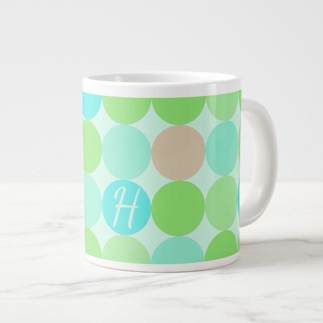 Turquoise Blue Green & Orange Circles Monogram Large Coffee Mug (Front Right)