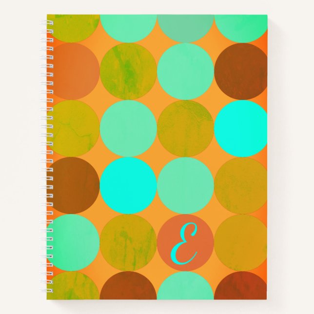 Turquoise Blue Green & Orange Circles Monogram Notebook (Front)