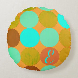Turquoise Blue Green & Orange Circles Monogram Round Cushion